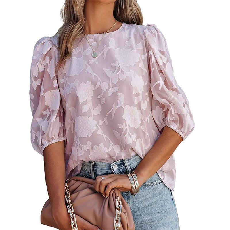 Lotus - Chiffonbluse mit Puffärmeln und Stickerei